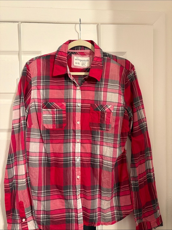 Aeropostale Tops - Aeropostale 100% Cotton pink red and Gray Plaid Button-Down Shirt PtP 22
L 27